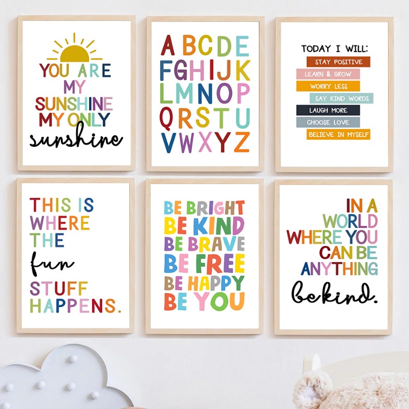 Kids Education Alphabet Numbers - โปสเตอร์การศึกษาภาษาอังกฤษ ตัวอักษร ตัวเลข สี รูปทรง ภาพพิมพ์ศิลปะติดผนัง