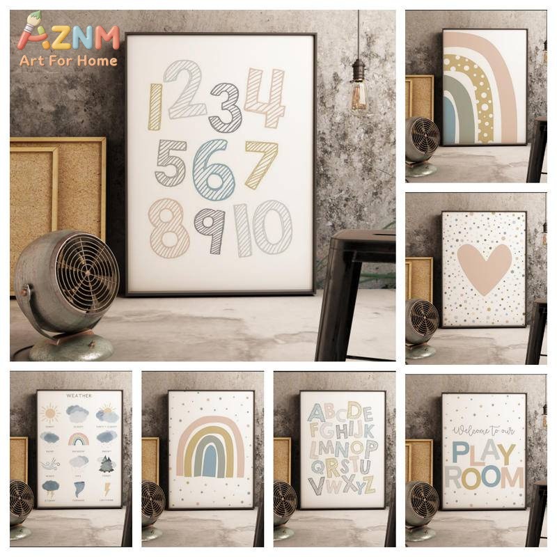 Kids Education Alphabet Numbers - AZNM ภาพวาดผ้าใบแนวโบโฮสำหรับเด็ก ภาพพิมพ์ตัวอักษร ตัวเลข และสภาพอากาศสีรุ้ง ตกแต่งห้องเด็กเล่นและห้องเรียนแบบไม่มีกรอบ
