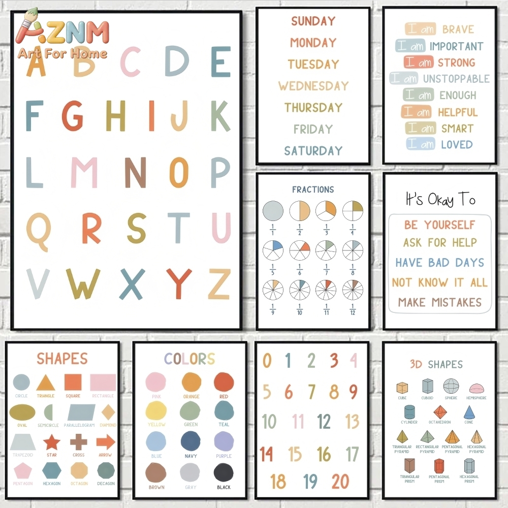 Kids Education Alphabet Numbers - AZNM ศิลปะบนผืนผ้าใบแบบไม่มีกรอบสำหรับการศึกษาตัวอักษรและตัวเลข, โปสเตอร์การเรียนรู้สำหรับเด็ก, ของตกแต่งห้องเรียนสำหรับเด็กเล็ก, สีทาแบบไม่มีกรอบ