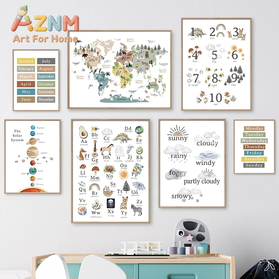 Kids Education Alphabet Numbers - ศิลปะติดผนังสำหรับห้องเด็ก ลายตัวอักษร ตัวเลข ระบบสุริยะ และสภาพอากาศ ภาพวาดบนผ้าใบ