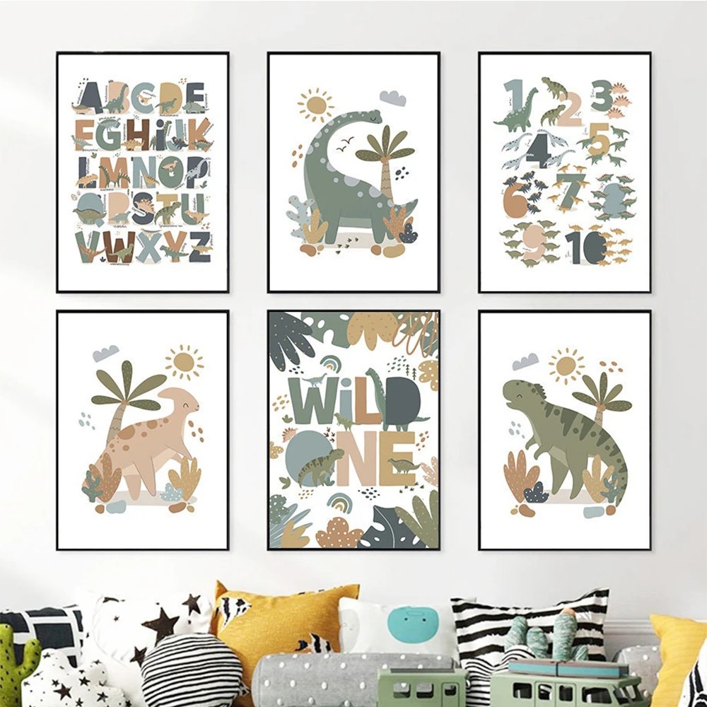 ภาพวาดบนผ้าใบลายไดโนเสาร์น่ารั - Kids Education Alphabet Numbers บทวิจารณ์และราคา